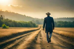 a man in a suit and hat walks down a dirt road. AI-Generated photo