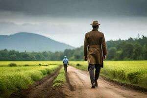 a man in a trench coat walks down a dirt road. AI-Generated photo