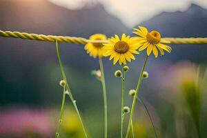 yellow flowers on a rope in front of a mountain. AI-Generated photo