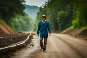 a man in a hat walks down a dirt road. AI-Generated photo