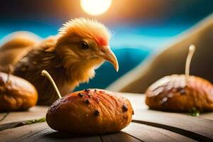 un pollo es en pie siguiente a algunos bollos generado por ai foto