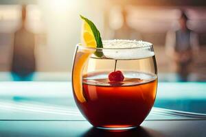 a glass of red drink with a cherry on top. AI-Generated photo