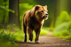 un león caminando abajo un camino en el bosque. generado por ai foto