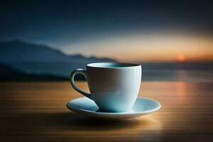 coffee cup on a table with the sun setting behind it. AI-Generated photo