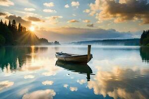 photo wallpaper the sky, lake, boat, sunrise, the sun, the sky, the lake. AI-Generated