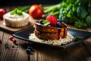 a plate with a cake and berries on it. AI-Generated photo
