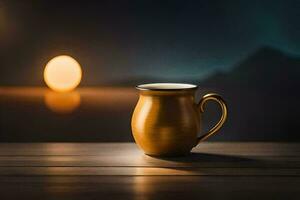 a golden mug on a wooden table in front of a light. AI-Generated photo