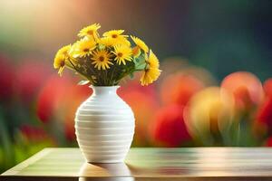 amarillo flores en un blanco florero en un mesa. generado por ai foto