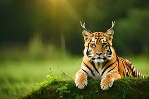 a tiger sitting on a green grassy field. AI-Generated photo