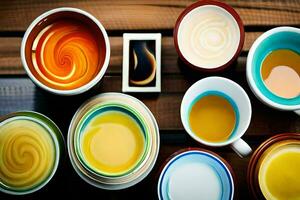 a variety of different colored cups and saucers. AI-Generated photo