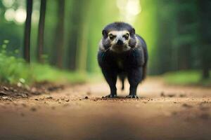 un pequeño animal caminando en un suciedad la carretera. generado por ai foto