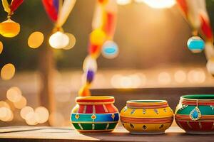 three colorful pots on a table with a string of lights. AI-Generated photo