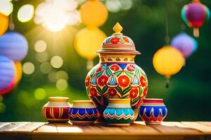 colorful vases and lanterns on a table. AI-Generated photo