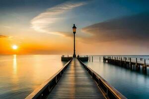 un muelle con un ligero enviar a el final de él. generado por ai foto