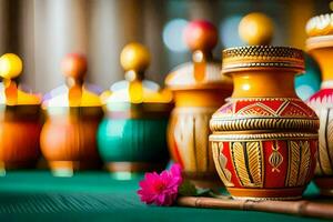 colorful vases on a green table with a flower. AI-Generated photo