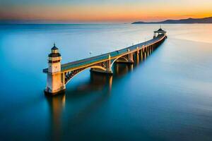 un largo exposición fotografía de un puente a puesta de sol. generado por ai foto