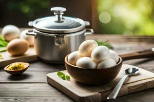a bowl of eggs on a table next to a pot. AI-Generated photo