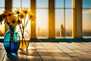 sunflowers in a vase on a table with a view of the city. AI-Generated photo