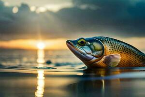 un pescado es flotante en el agua a puesta de sol. generado por ai foto