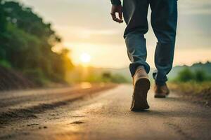 un hombre caminando abajo un suciedad la carretera a puesta de sol. generado por ai foto