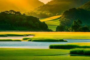 the sun shines over a green field and a river. AI-Generated photo