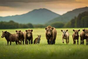 un Tigre y un grupo de marrón osos en un campo. generado por ai foto