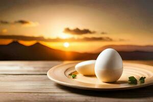 huevos en un plato con un puesta de sol en el antecedentes. generado por ai foto