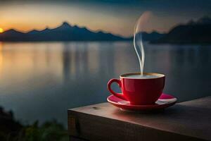 coffee, the sun, lake, mountains, sunrise, the lake, the mountains, the. AI-Generated photo