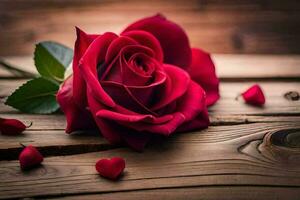el rojo Rosa es en un de madera mesa con corazones dispersado alrededor él. generado por ai foto