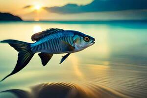 a fish is swimming on the beach at sunset. AI-Generated photo