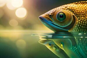 a fish with a bright green eye is reflected in the water. AI-Generated photo