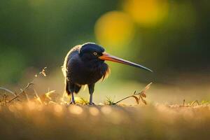 a bird with a long beak standing on the ground. AI-Generated photo