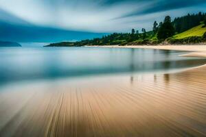 a long exposure photograph of a beach with waves and trees. AI-Generated photo