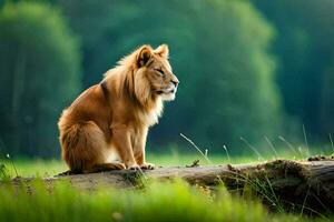 un león sentado en un Iniciar sesión en un herboso campo. generado por ai foto