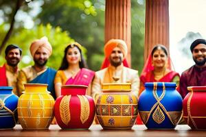 a group of people in indian attire standing around colorful pots. AI-Generated photo