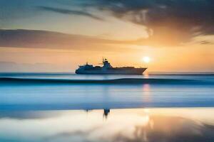 un Embarcacion en el Oceano a puesta de sol. generado por ai foto