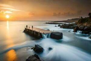 the sun sets over the ocean as waves crash into rocks. AI-Generated photo