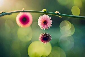 two pink flowers are on a branch with a green background. AI-Generated photo