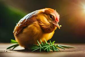 un pequeño pájaro con un verde hoja en sus cabeza. generado por ai foto