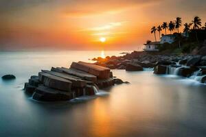 a beautiful sunset over the ocean with rocks and palm trees. AI-Generated photo