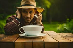 a man in a hat and brown jacket sitting at a table with a cup of coffee. AI-Generated photo