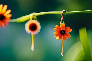 three orange flowers hanging from a green stem. AI-Generated photo