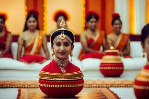 un novia en tradicional indio atuendo se sienta en un mesa. generado por ai foto