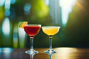 two cocktails on a table with a blurred background. AI-Generated photo