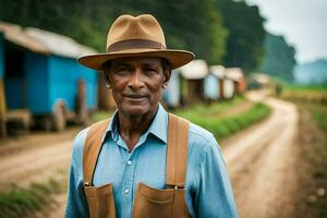 a man in a hat standing in front of a row of houses. AI-Generated photo