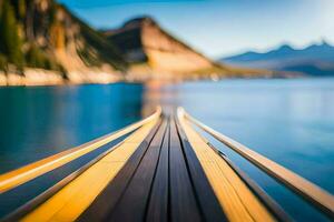 a boat is sitting on the water with mountains in the background. AI-Generated photo