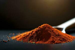 a spoonful of red chili powder on a black background. AI-Generated photo