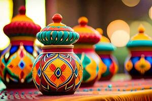 colorful decorative pots on a table. AI-Generated photo