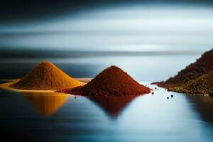 three different colored powders are sitting on top of water. AI-Generated photo