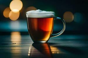 un vaso de cerveza en un mesa en frente de un borroso antecedentes. generado por ai foto